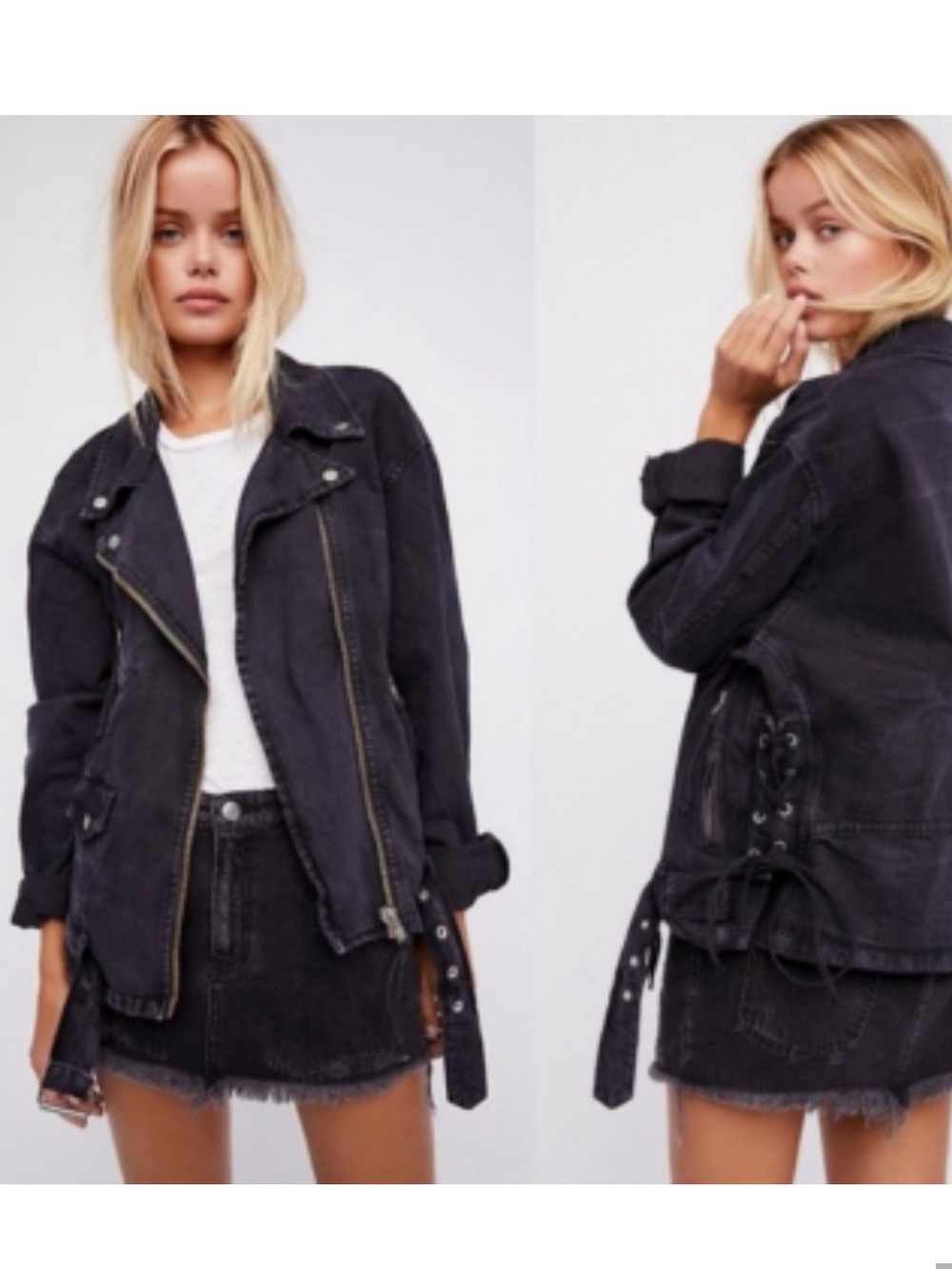 Free People Washed Charcoal Moto Denim Jacket with Lace-Up Sides